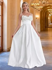 Elegant Satin Wedding Dresses Floral Applique Spaghetti Strap Long A-Line Gowns
