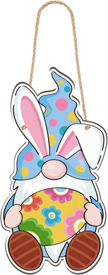 Jetec Happy Easter Gnome with Colorful Egg Welcome Door Hanging Sign Plaque Gnom