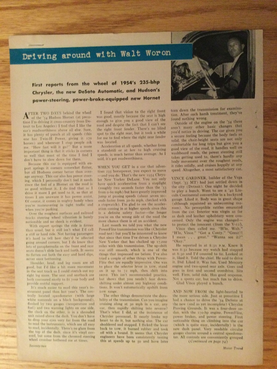 DDD19 Article 1954 Chrysler 235 HP DeSoto Automatic Hudson Hornet