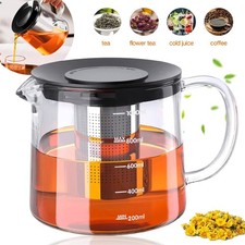 Heat Resistant Clear Glass Teapot Jug With Infuser Coffee Tea Leaf Herbal Pot UK