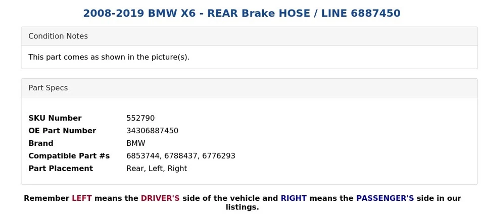 BMW X6 2008-2019 - Manguera de freno trasero / línea 6887450 Foto 4 de 4