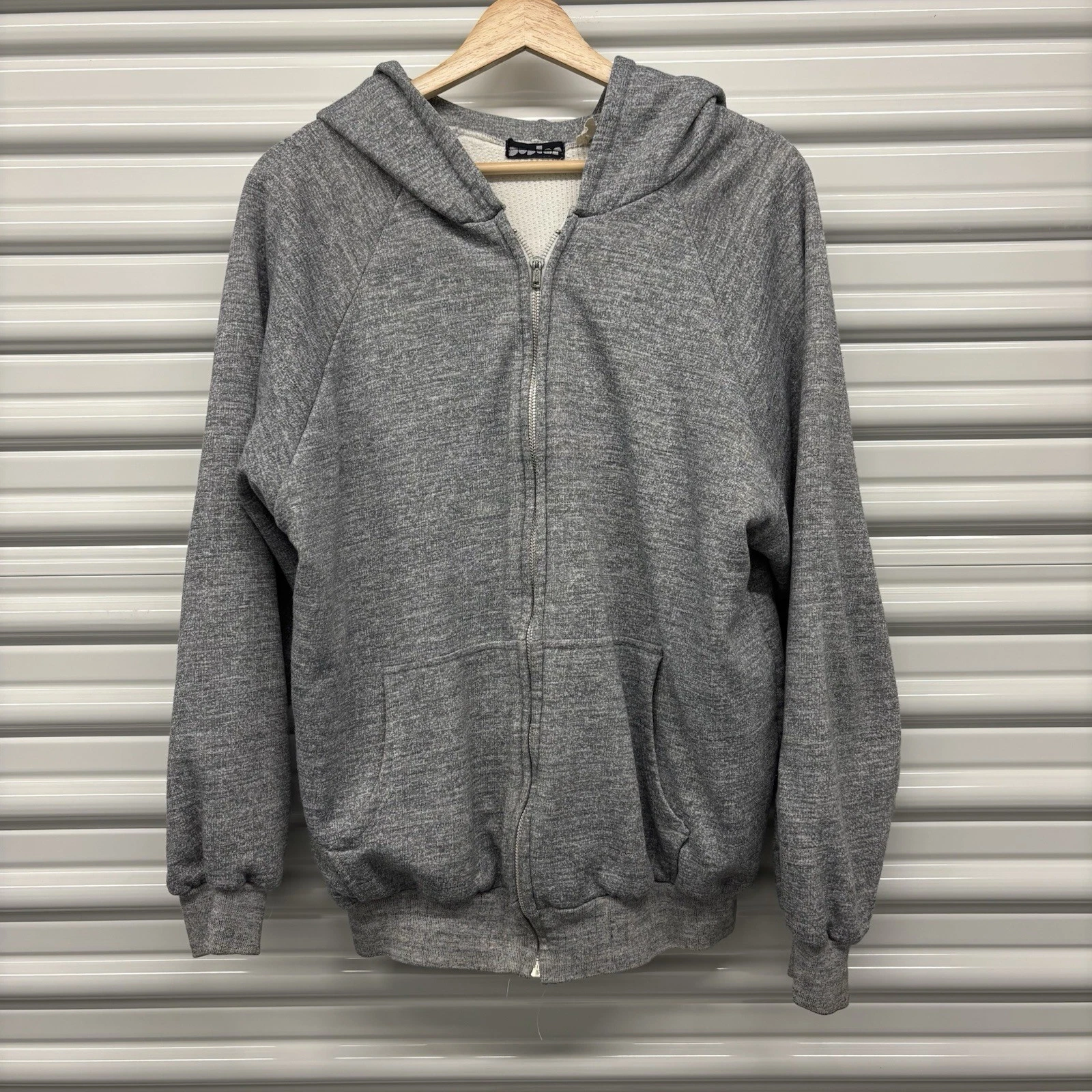 Vintage 80s Poplar Grey Thermal Lined Waffle Knit Zip Up Hoodie Size XL 23x26