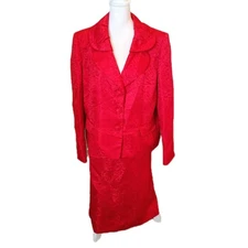 Le Suit 2PC Skirt Suit Womens Plus 18W Jacket + Skirt Red Embossed Floral XMAS
