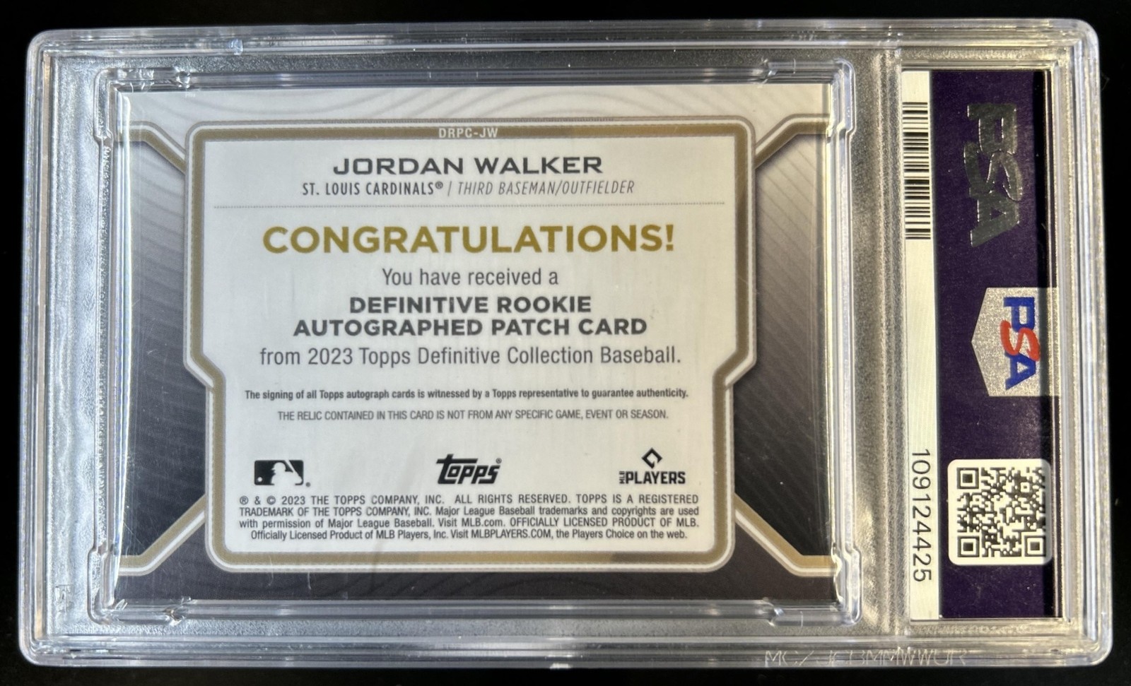 2023 Topps Definitive Jordan Walker Rookie Patch Auto RC #/50 Cardinals PSA 9 view 2