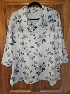 Croft Barrow Womens XL Gray Floral 3/4-Sleeved Cowl Neck Soft Top