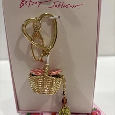 NEW Betsey Johnson Gold Tone Summer Picnic Bag Charm Wine Bottle & Grapes W BOX