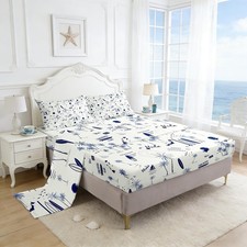 Coastal Beach Sheet Set Full Size,Surfboard Sailboat Palm Tree Bedding Set 4P...