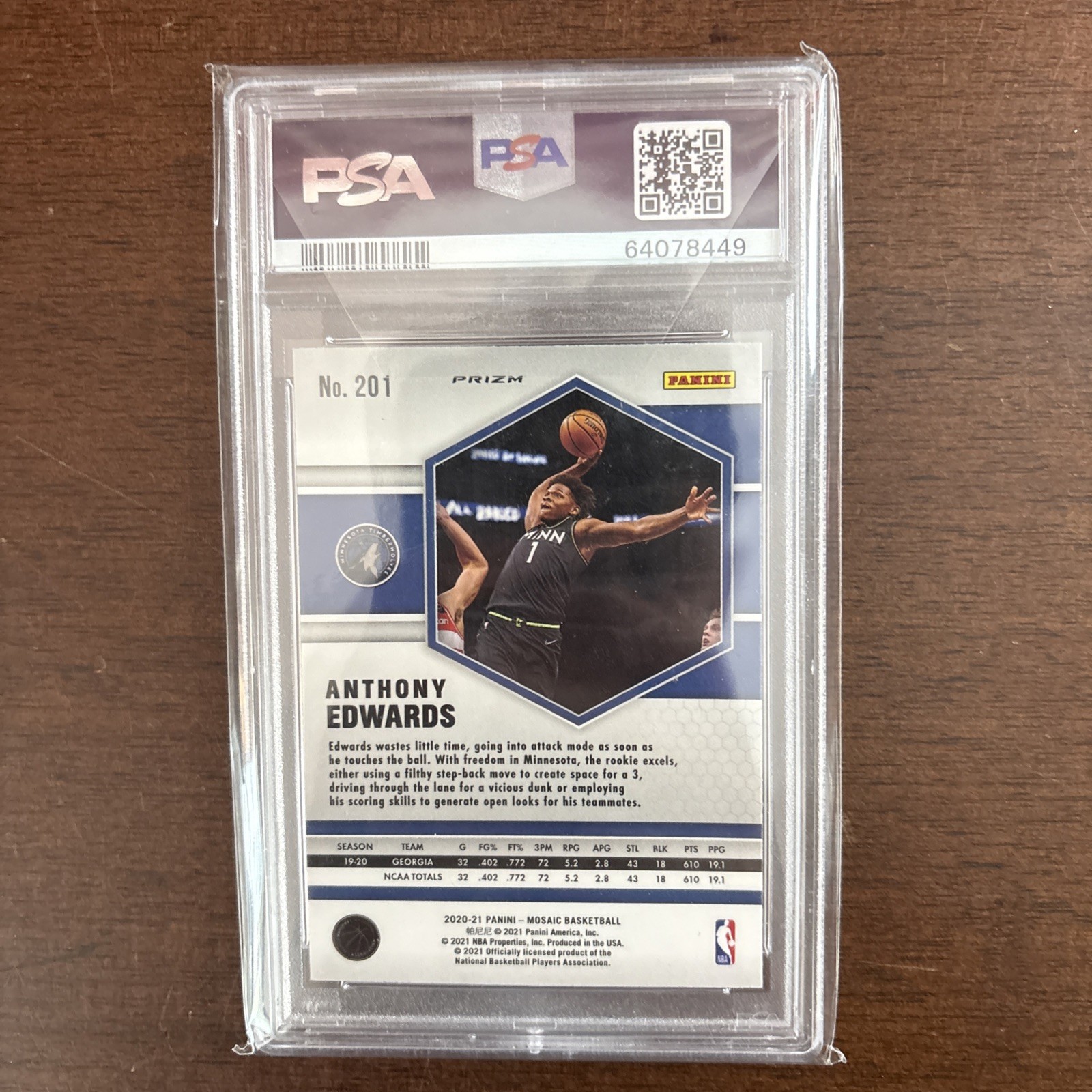 2020 PANINI MOSAIC REACTIVE BLUE #201 ANTHONY EDWARDS PSA 10 view 2
