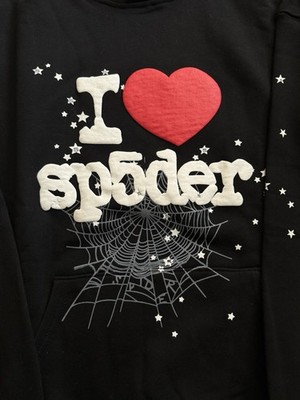 sp5der I Love Heart Graphic Black Fleece Hoodie Kangaroo Pocket