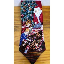 Vintage Holidays JC Penney Red Christmas Tree Santa Claus Presents Silk Necktie