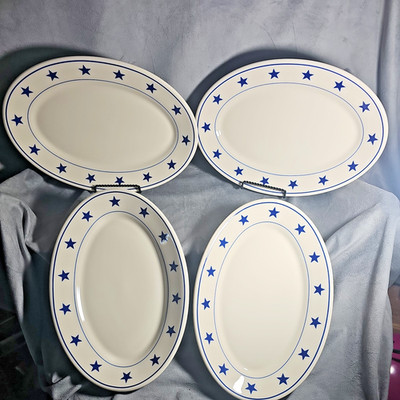 Homer Laughlin Blue Star Platters / Plates 13 3/8'' Oval USA Set Of 4 Never Used 