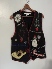 Women’s Victoria Jones Christmas sweater vest bead and embroidery Granny core