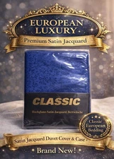 European Royal Blue Satin Jacquard Duvet & Pillowcase EU Twin 135x200 80x80 NWT