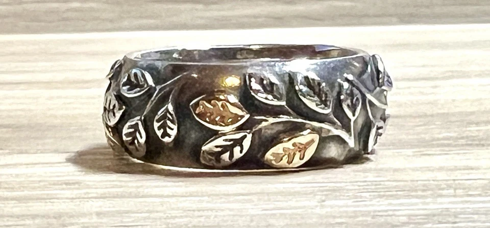 Vintage Designer Signed Pandora Sterling Silver & 14K Gold Leaf Ring, Size 6 - Image 2 of 4