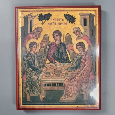 Greek Orthodox Icon Hospitality Abraham Holy Trinity Mount Athos Wood 7x8.5''