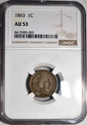 NGC AU-53 1863 Indian Head Cent, Richly Hued w/ Light Luster.