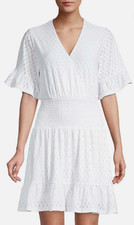 Michael Kors White Eyelet Smocked Dress V-Neck Flutter Sleeve Ruffle Mini Sm 2-6