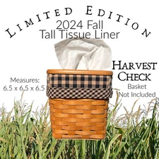 Longaberger Custom TALL TISSUE LINER your basket Autumn, Fall, Black & Tan Check