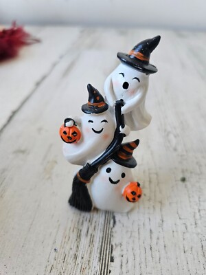 Ghost Witch figurine village Halloween decor broom pumpkins totem unique mini