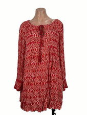 Free People Red Lace Mini Boho Geometric Pleated Babydoll Tunic Dress Sz Large