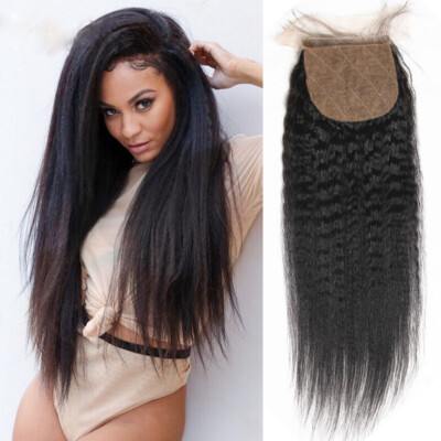 Kinky Straight /Yaki Brazilian Remy Human Hair Silk Base Closure Bleach Knots