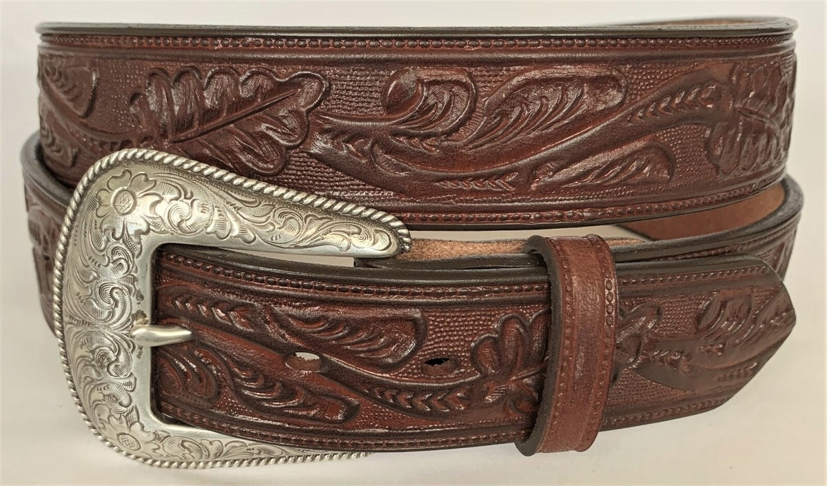 Brown top grain leather made in the USA tool leaf scroll, embossed, leather belt Western Embossed Leather Belt, Vintage-style Black Brown  main image 3