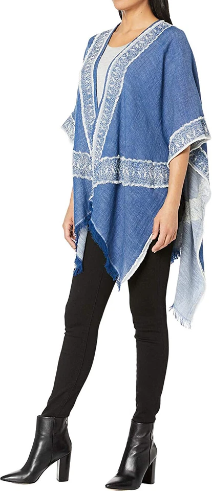 全新 Echo Design 女式偏置角块 Ruana Poncho 包裹 月光 蓝色 O/S — 第 3/3 张图片