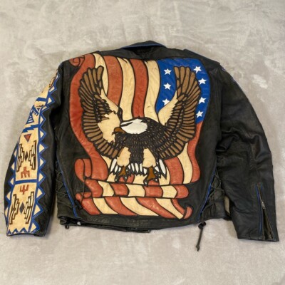 Baja Trading Company Leather Jacket Motorcycle Black Eagle Southwest Flag Medium