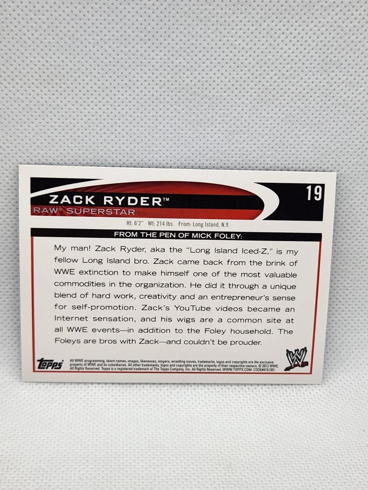 2012 Topps WWE Raw #19 Zack Ryder Blue Parallel Border Wrestling Trading Card NM - Image 4 of 4