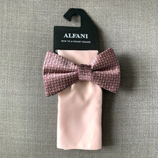 Alfani Men  s Pre-Tied Pink Chevron Bow Tie  Solid Pocket Square Set 55