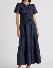Quince Women's 100% Organic Cotton Poplin Tiered Maxi Dress Navy Blue Size S NWT