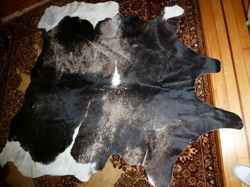 Genuine Large Cowhide Rug Tricolor Black Grey White Hair on Hide Western 82x78