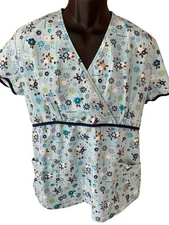 SB Scrubs Scrub Top Women's Large Blue Multicolor Flowers V-Neck Short Sleeve