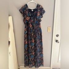 A New Day Women’s Maxi Short Flutter Sleeve Sheer Dress SZ XL Navy Floral Flowy