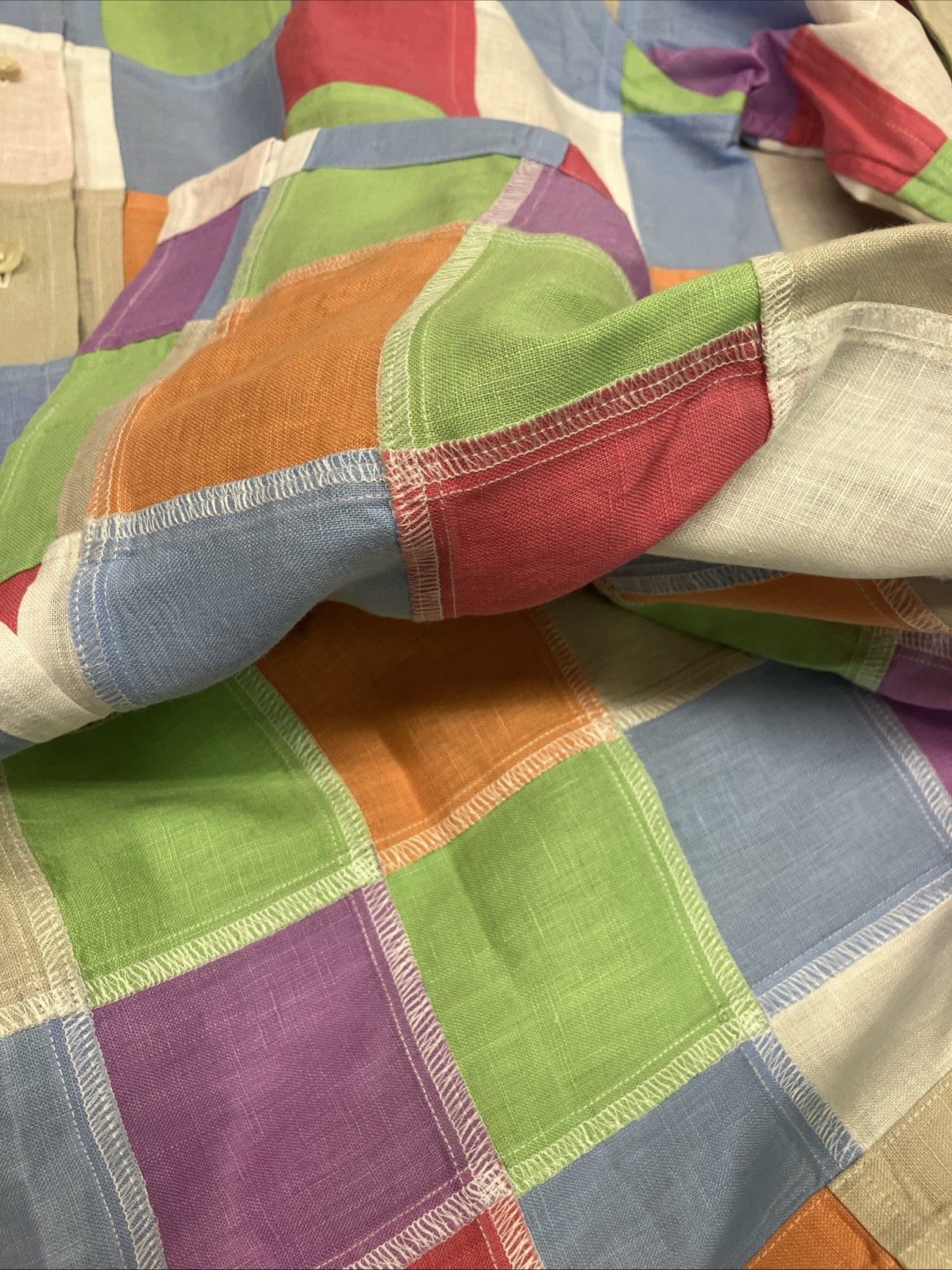 Linen Shirt Vibrant Patchwork Button Down Size La… - image 7