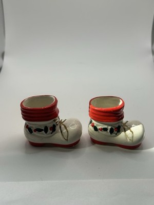 Vintage Christmas Porcelain Santa Boot Made in Japan Toothpick Holder Set Of 2