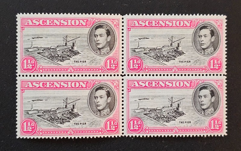 Ascension Island 1938 KGVI Stamps Sc 42c. SG 40f Block of 4 Black and Pink MNH