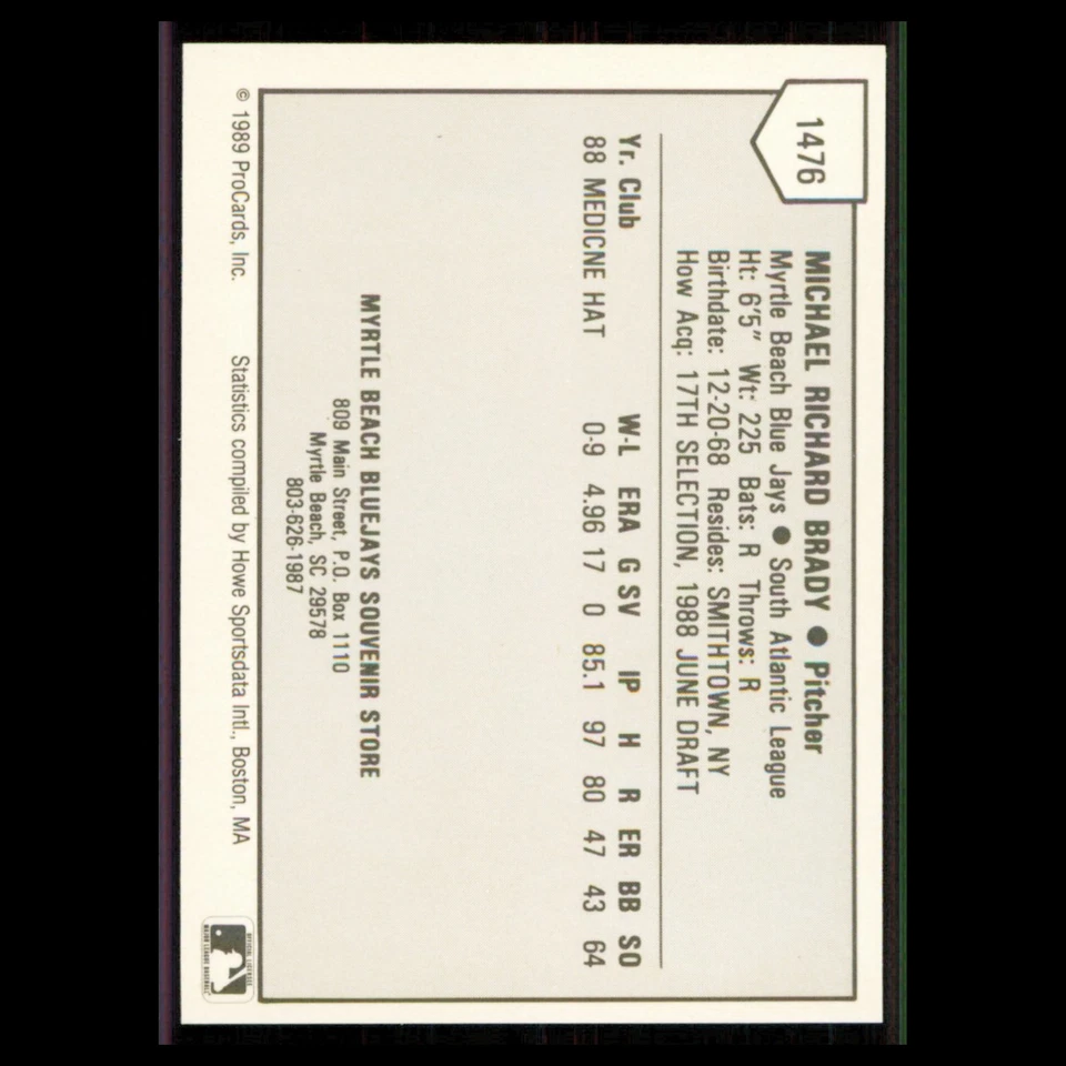 Mike Brady #1476 1989 ProCards conjuntos de equipos de ligas menores Myrtle Beach Blue Jays MLB Foto 2 de 3
