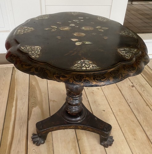 ANTIQUE 1800s Roses Pearl Tea TILT TOP SIDE TABLE Paper Mache Papier-Mâché - Picture 12 of 15