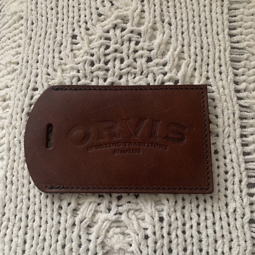 ORVIS Sporting Traditions Vintage Brown Leather Luggage Tag No Strap