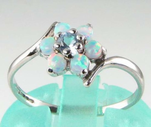 9K 9CT WHITE GOLD AQUAMARINE & FIRE OPAL TWIST ART DECO INS RING FREE RESIZE - Picture 2 of 6
