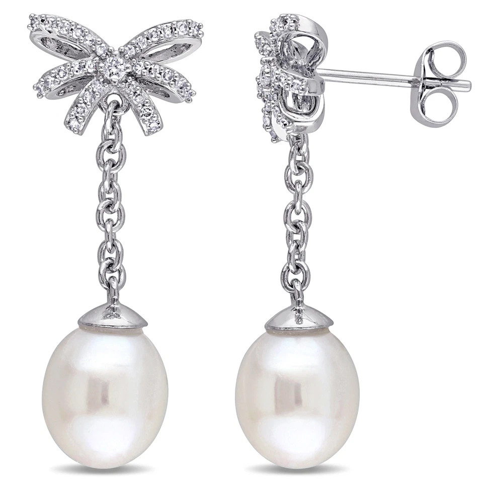 Amour 10k White Gold Diamond and Cultured Freshwater Pearl Bow Dangle Earrings