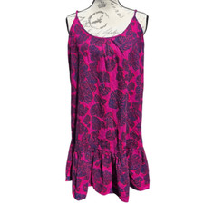 Loft Linen Blend Dress Fuchsia Leaf Print Ruffle Hem Medium