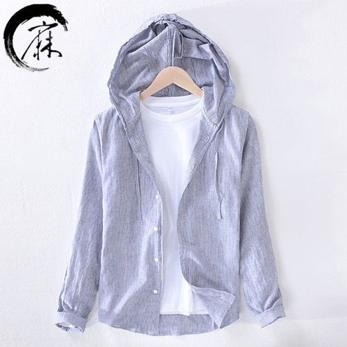 Abrigo Camisa Hombre Algodón Lino Transpirable Con Capucha Botón Manga Larga - Imagen 11 de 19