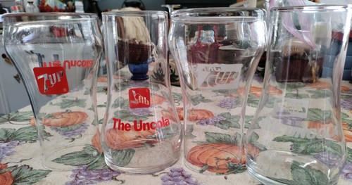 Vntg UNCOLA 7-UP Libbey 70's (4) Upside Down Glasses Red & White Etched 16oz