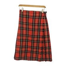 Vintage Scottish Kilt Womens Waist 29" Wool Pleated Skirt Red Tartan Fringe