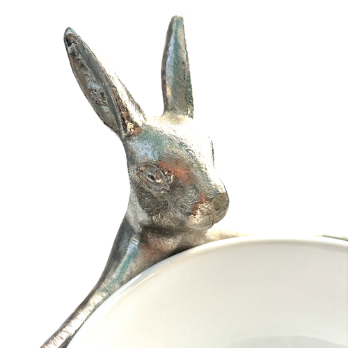 White Porcelain Bowl w/ Metal Bunny Rabbit & Base Easter Spring Eggs - Picture 4 of 6