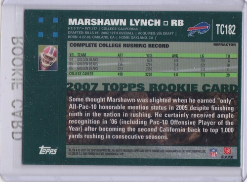 TARJETA DE NOVATO MARSHAWN LYNCH $$ 2007 Topps cromo refractor fútbol radiocontrol modo bestia - Imagen 2 de 2