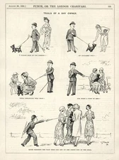VERY SHY DOG OWNER - Cartoon Humor - Vintage 1931 Illustration - OUT FOR A WALK