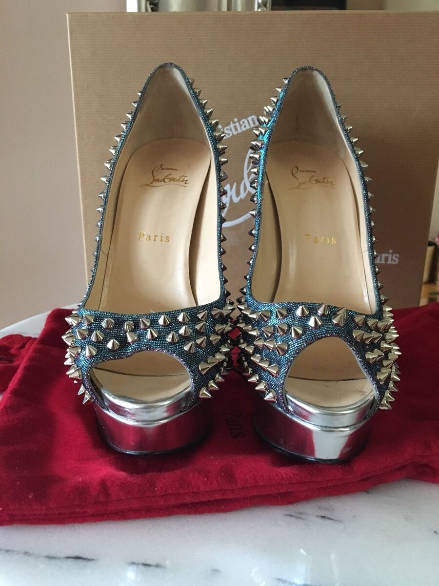 Christian Louboutin Lady Peep Spikes 150 Lame Turquoise Christian Louboutin Lady Peep Spikes 150 Lame Turquoise